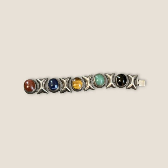 Mexico Sterling Silver Multi-Stone Cabochon Bracelet 7" - Picture 2 of 9